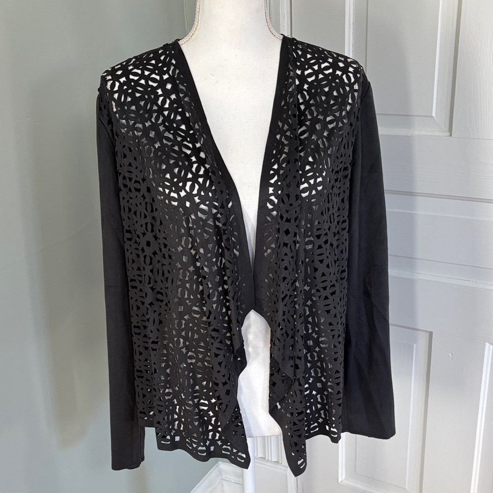 NWT Chico's Laser‎ Cut Cardigan Jacket Faux Suede Gray Drape Front Size 2